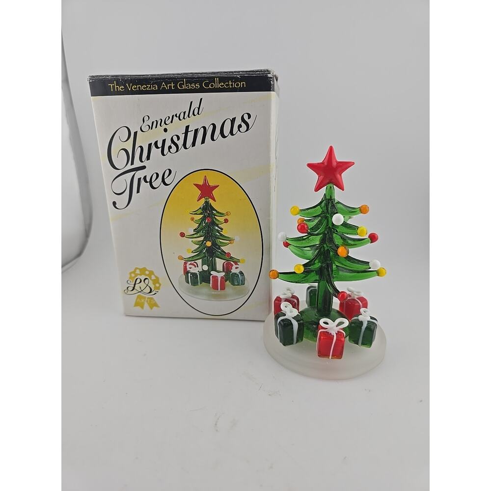 Venezia Art Glass LS Arts Emerald Christmas Tree W/Presents W/Box 5" Tall